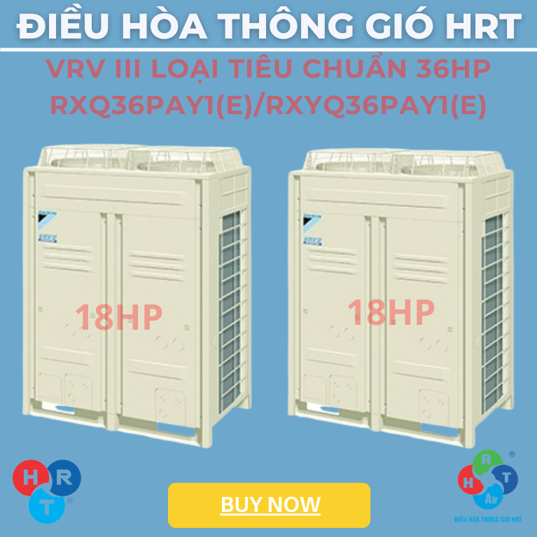 Dàn Nóng VRV III Loại Tiêu Chuẩn 36HP - RXQ36PAY1(E)/RXYQ36PAY1(E) là một hệ thống điều hòa không khí công suất lớn được sản xuất bởi Daikin, một tập đoàn công nghệ điều hòa hàng đầu đến từ Nhật Bản. Đây là một sản phẩm chất lượng cao, với nhiều tính năng và công nghệ tiên tiến, nhằm đảm bảo hiệu suất làm lạnh và sưởi ấm hiệu quả trong các môi trường thương mại hoặc công nghiệp.