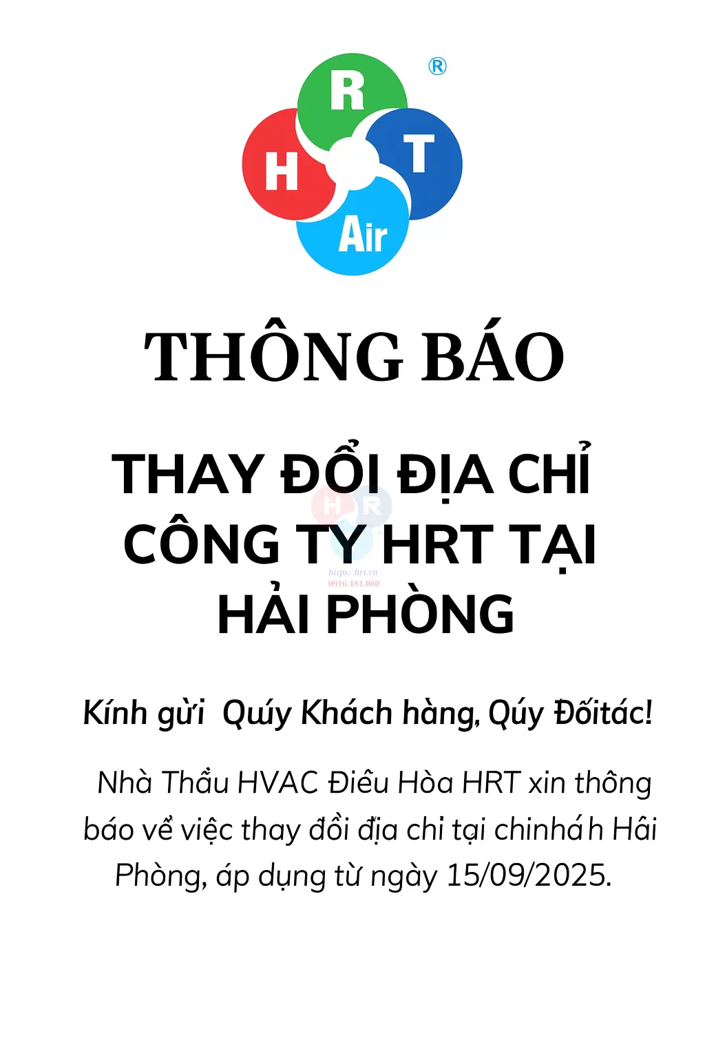 Thông Báo Thay Đổi Địa Chỉ Công Ty HRT Tại Hải Phòng